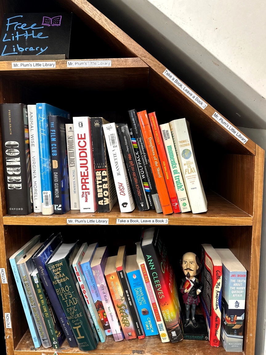 Mr. Plum's little library, a wooden shelf of books neighbors can take or leave